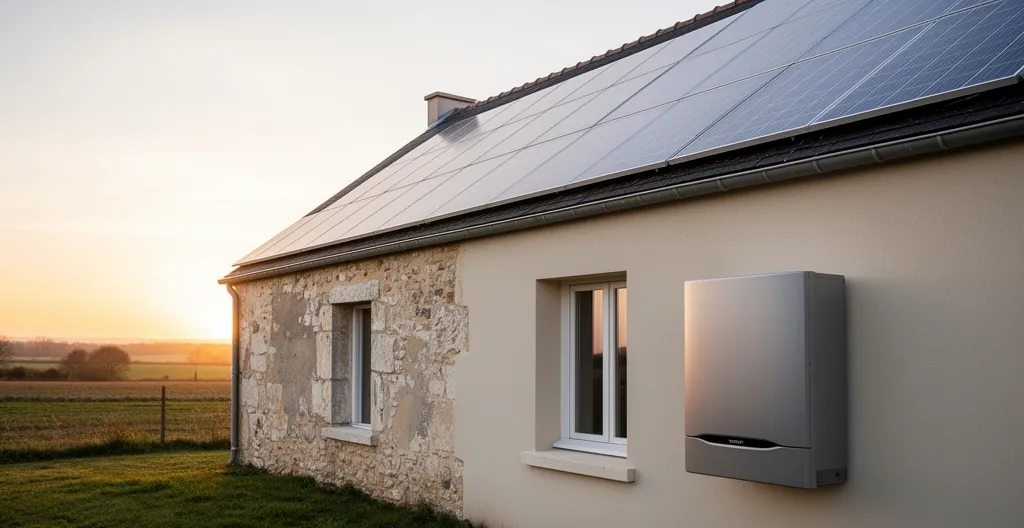 Maison française traditionnelle en cours de rénovation énergétique avec pompe à chaleur et panneaux solaires