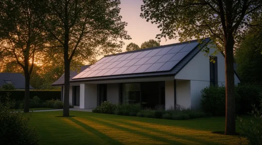 Installation de panneaux solaires sur le toit d'une maison française avec jardin ensoleillé