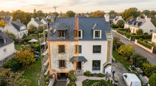 Maison française en rénovation avec isolation visible et éléments thermiques colorés montrant la transition vers une performance énergétique optimale