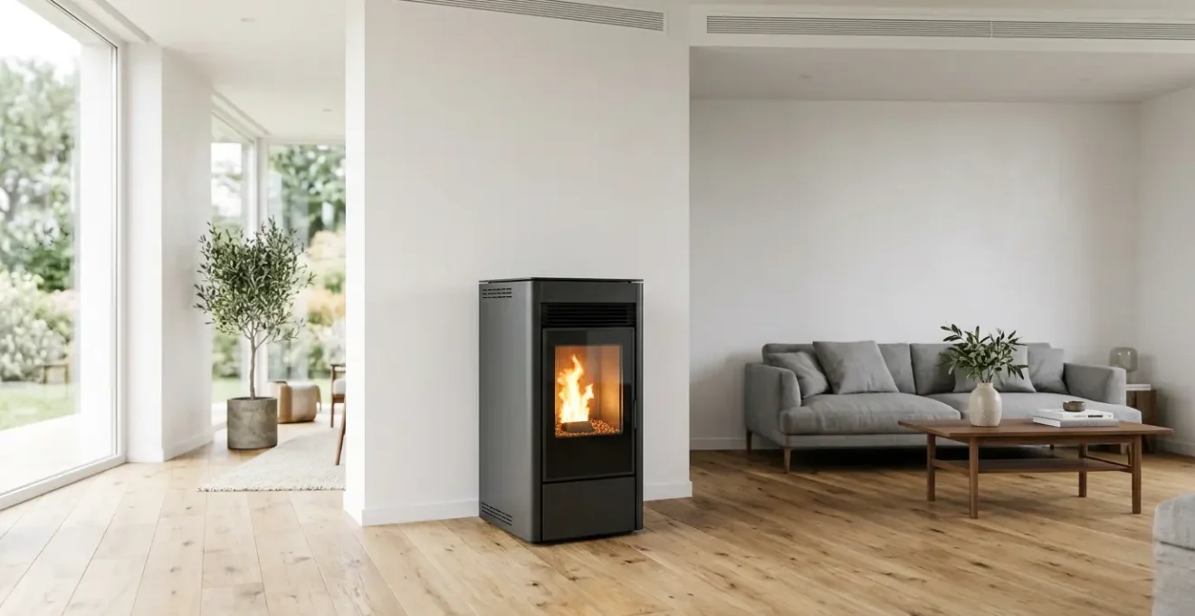 Poêle à granulés canalisable moderne installé dans un salon lumineux avec gaines discrètes au plafond