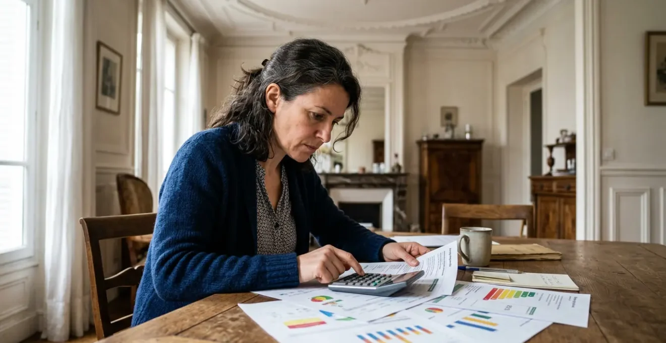 Propriétaire examinant des documents de diagnostic énergétique avec une calculatrice sur une table devant une maison en rénovation