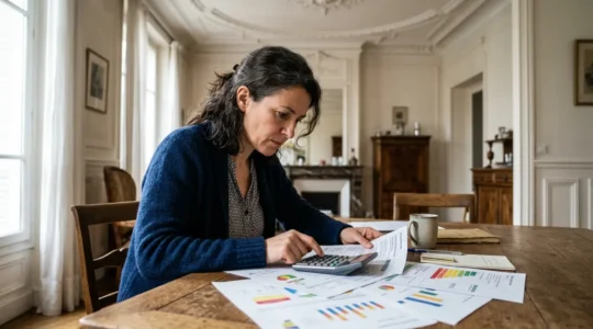 Propriétaire examinant des documents de diagnostic énergétique avec une calculatrice sur une table devant une maison en rénovation