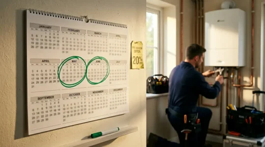 Calendrier affichant les mois de mai et juin entourés, avec un technicien souriant et une chaudière moderne en arrière-plan
