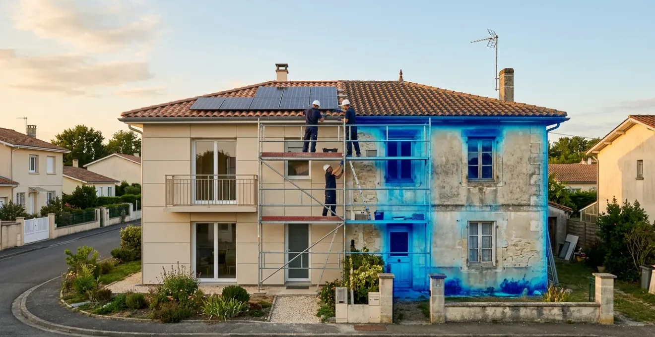 Maison en cours de rénovation énergétique globale montrant différents corps de métier travaillant simultanément