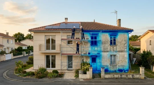 Maison en cours de rénovation énergétique globale montrant différents corps de métier travaillant simultanément