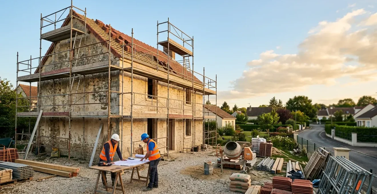 Maison ancienne en rénovation avec artisans et échafaudages sous un ciel lumineux