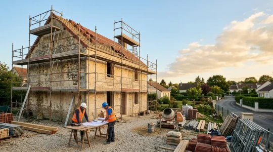 Maison ancienne en rénovation avec artisans et échafaudages sous un ciel lumineux