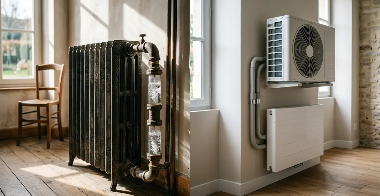 Vue comparative de deux systèmes de chauffage avec radiateurs et pompe à chaleur dans un intérieur moderne