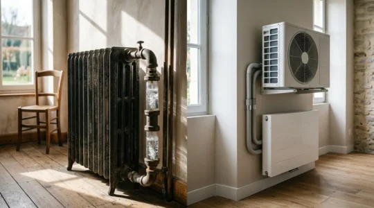 Vue comparative de deux systèmes de chauffage avec radiateurs et pompe à chaleur dans un intérieur moderne