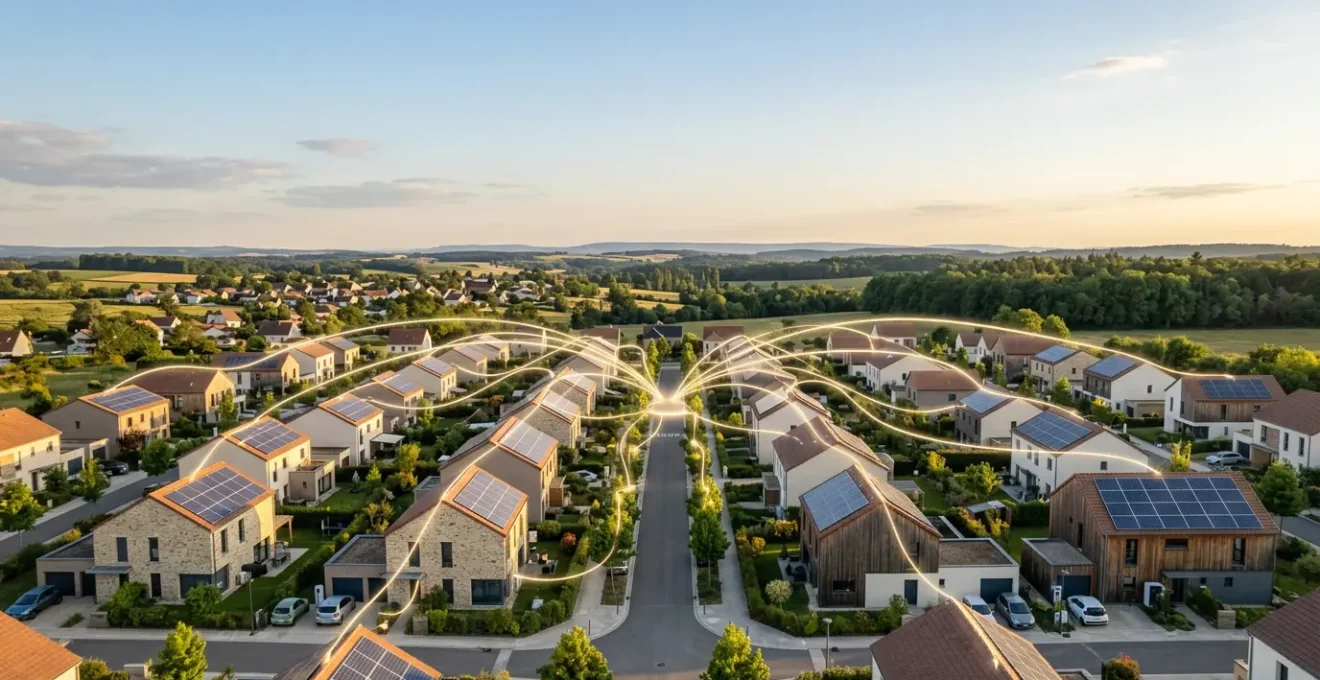 Vue aérienne d'un quartier résidentiel français moderne avec des panneaux solaires sur les toits et des bornes de recharge électrique interconnectées