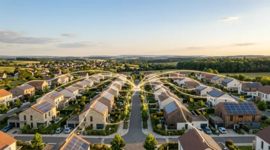 Vue aérienne d'un quartier résidentiel français moderne avec des panneaux solaires sur les toits et des bornes de recharge électrique interconnectées