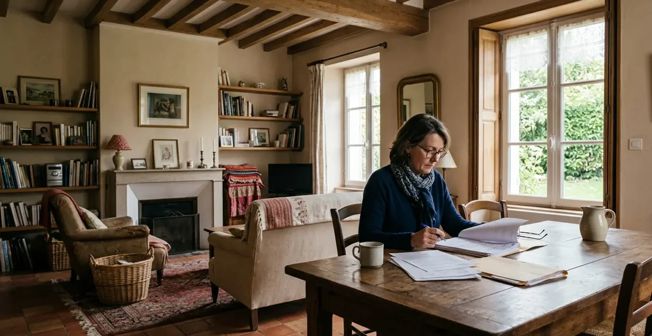 Vue intérieure d'une maison française avec des documents administratifs sur une table et une personne consultant des papiers officiels