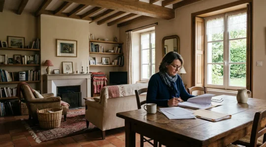 Vue intérieure d'une maison française avec des documents administratifs sur une table et une personne consultant des papiers officiels