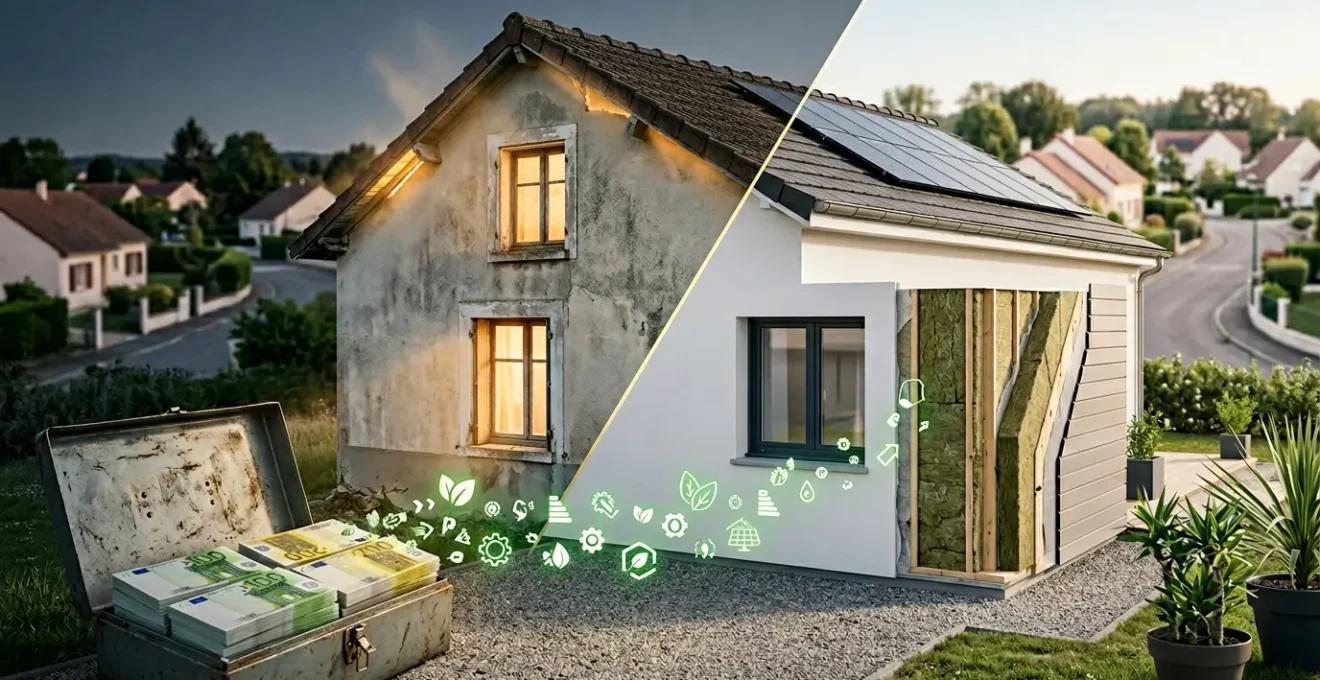 Maison moderne avec diagnostic énergétique montrant le passage de l'étiquette F à C après travaux de rénovation de 20 000 euros