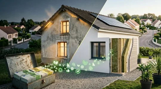 Maison moderne avec diagnostic énergétique montrant le passage de l'étiquette F à C après travaux de rénovation de 20 000 euros