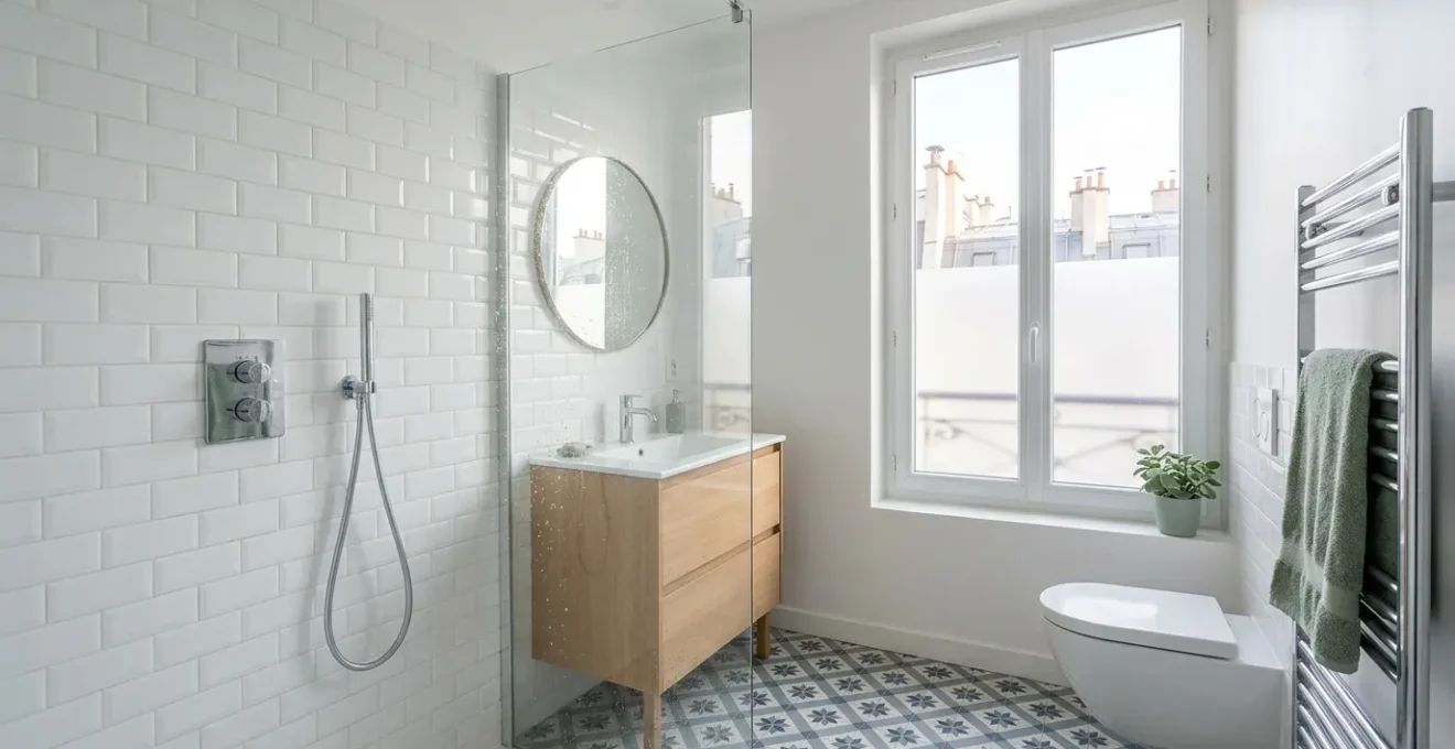 Vue d'ensemble d'une salle de bain moderne rénovée avec des éléments mettant en avant les économies d'eau