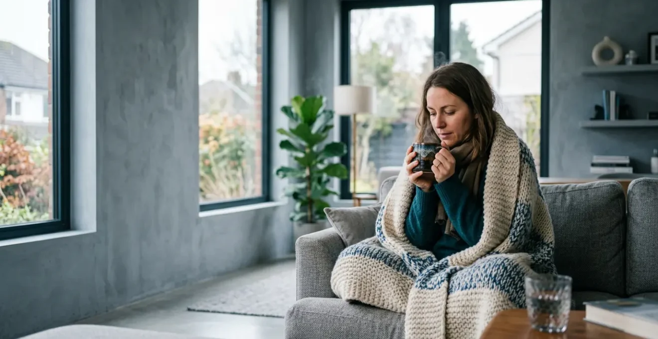 Personne dans un salon assise sur un canapé, enveloppée dans un plaid, mains réchauffant une tasse chaude, avec des fenêtres et murs visibles en arrière-plan