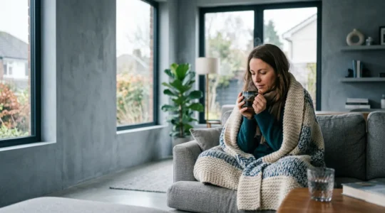Personne dans un salon assise sur un canapé, enveloppée dans un plaid, mains réchauffant une tasse chaude, avec des fenêtres et murs visibles en arrière-plan
