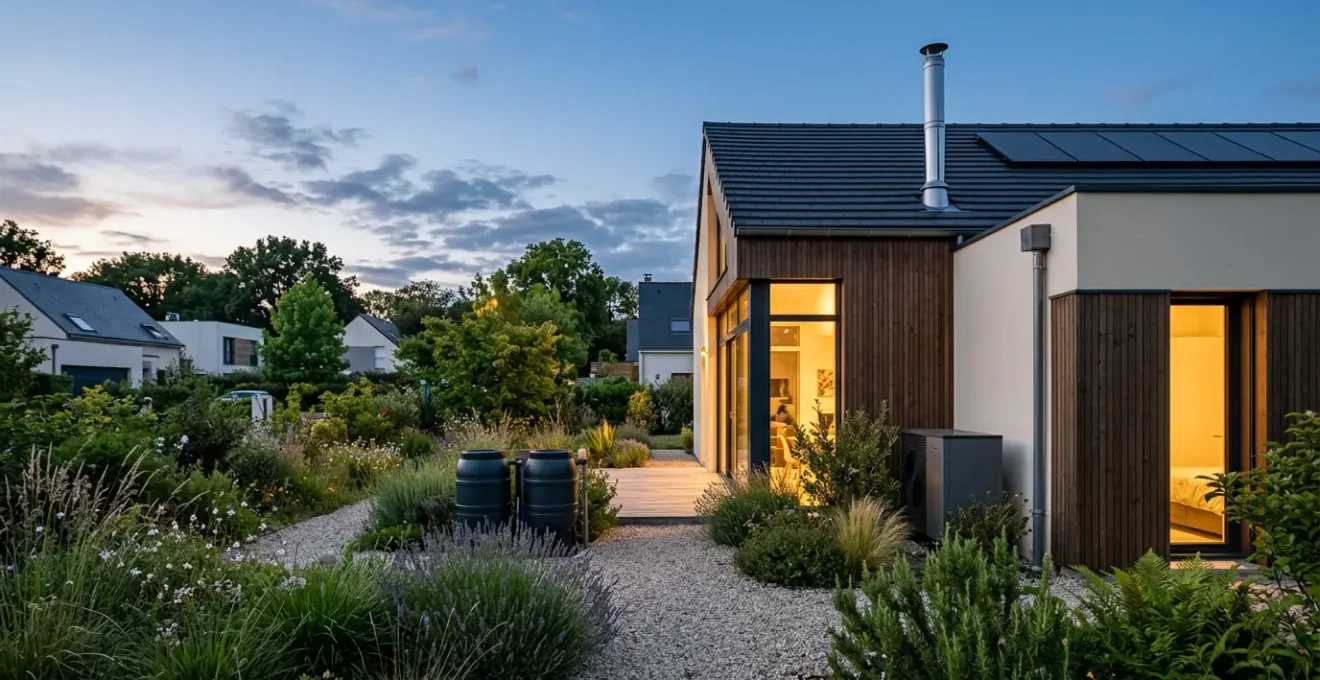 Maison moderne avec système de chauffage hybride intégrant pompe à chaleur et chaudière