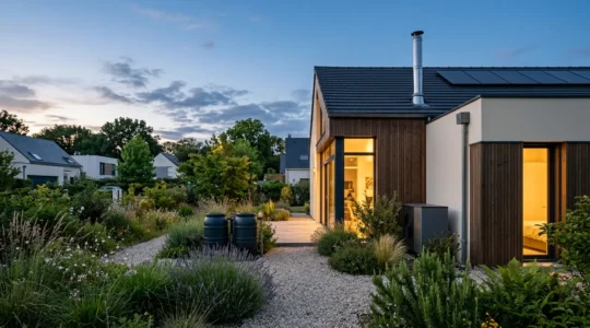 Maison moderne avec système de chauffage hybride intégrant pompe à chaleur et chaudière