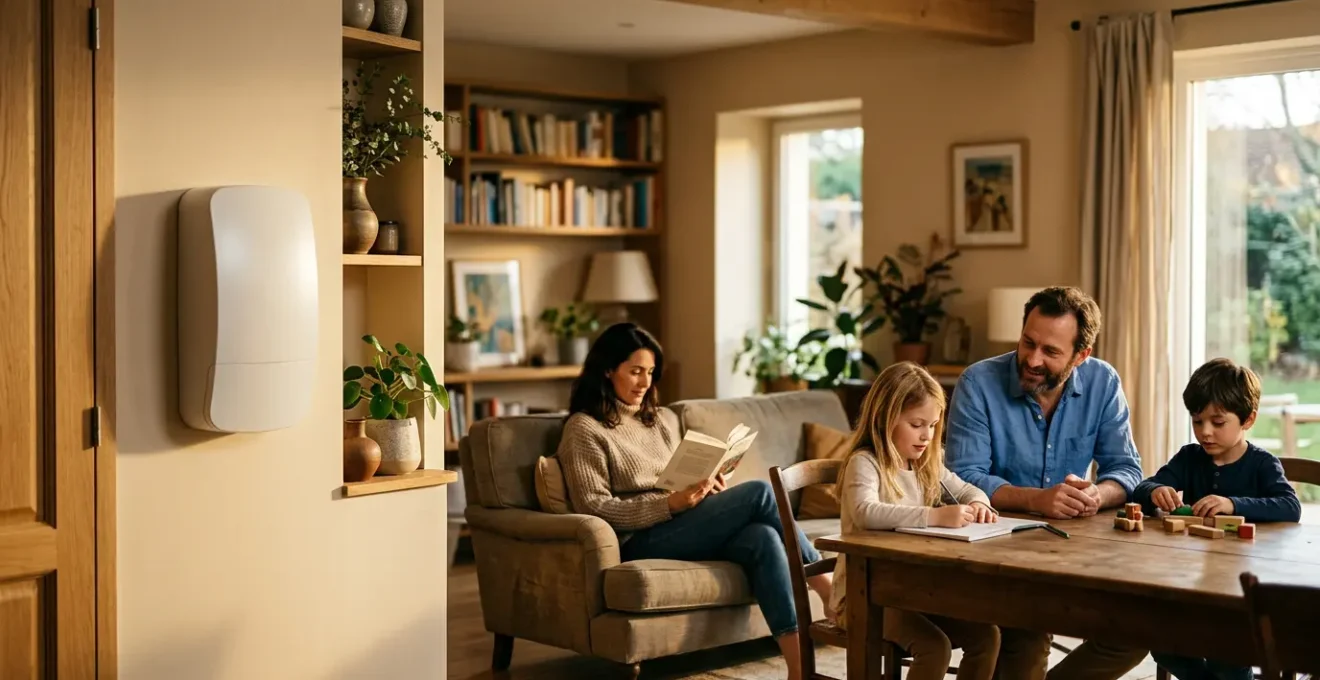 Intérieur chaleureux d'une maison française moderne avec compteur électrique Linky visible, famille en arrière-plan dans un salon éclairé naturellement