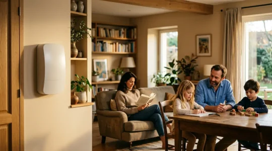 Intérieur chaleureux d'une maison française moderne avec compteur électrique Linky visible, famille en arrière-plan dans un salon éclairé naturellement