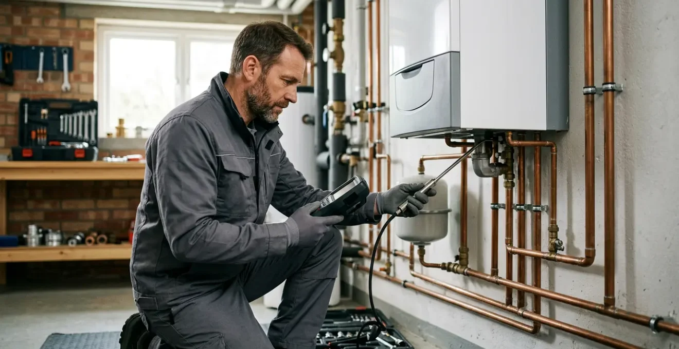 Technicien chauffagiste effectuant l'entretien annuel d'une chaudière à gaz dans une maison française