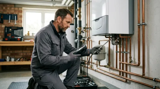 Technicien chauffagiste effectuant l'entretien annuel d'une chaudière à gaz dans une maison française