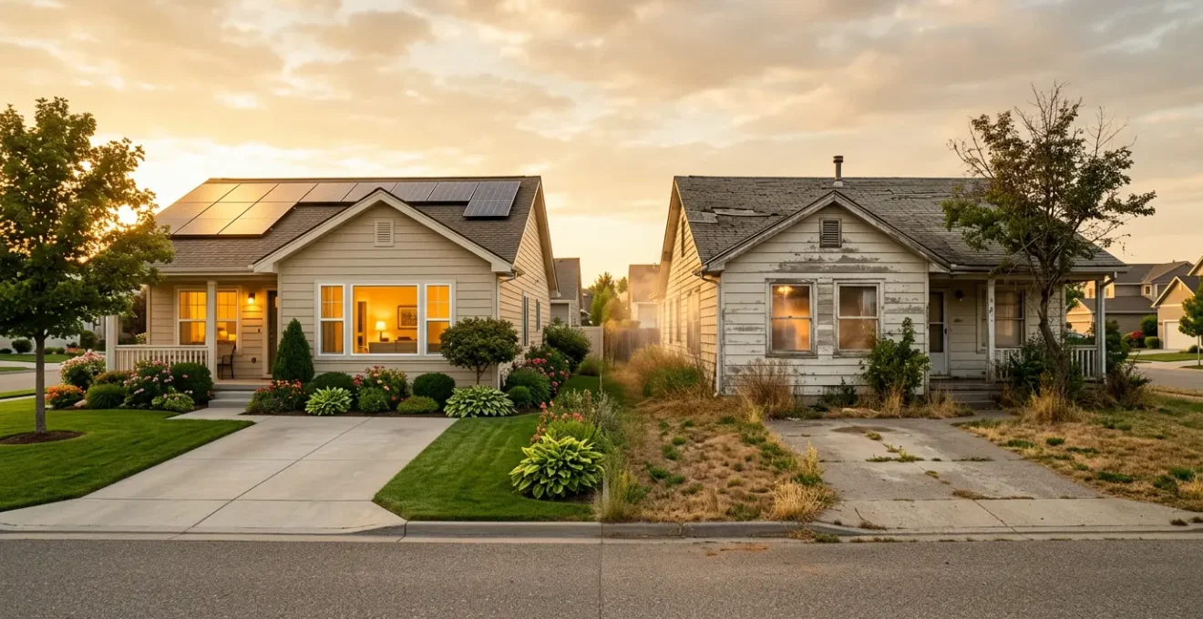 Comparaison visuelle entre deux maisons familiales, l'une écologique et moderne, l'autre ancienne et énergivore, illustrant l'impact du DPE sur la valeur immobilière