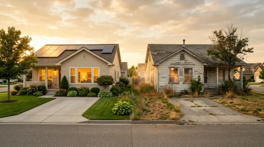 Comparaison visuelle entre deux maisons familiales, l'une écologique et moderne, l'autre ancienne et énergivore, illustrant l'impact du DPE sur la valeur immobilière