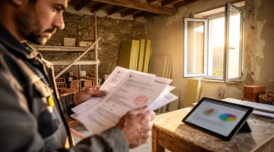 Professionnel du bâtiment examinant des documents administratifs sur un chantier de rénovation énergétique
