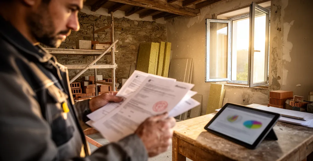 Professionnel du bâtiment examinant des documents administratifs sur un chantier de rénovation énergétique