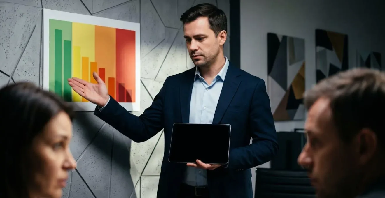 Agent immobilier présentant un graphique d'évolution des prix sur une tablette éteinte à des clients