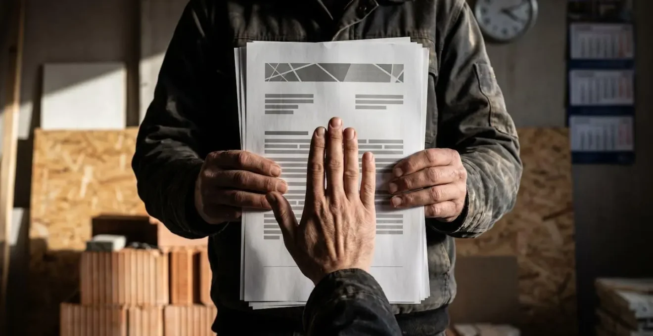 Artisan et propriétaire consultant des documents avant signature, avec calendrier visible en arrière-plan