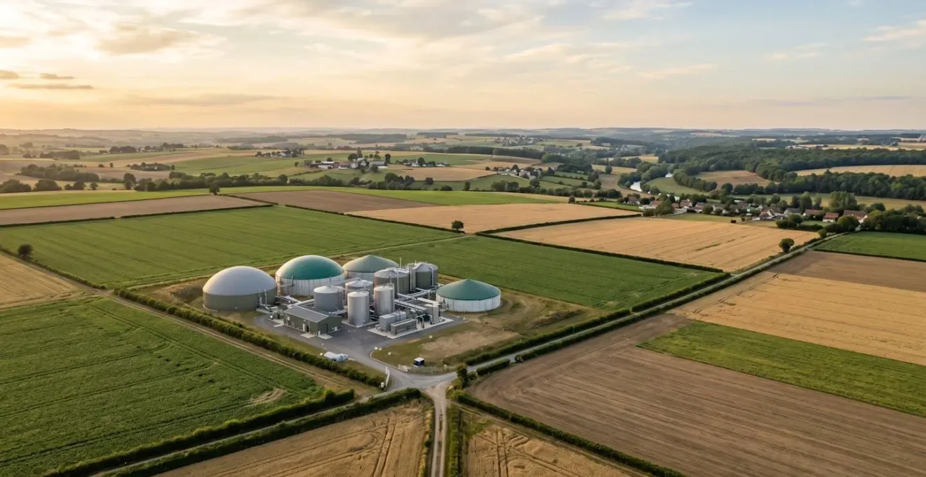 Vue aérienne d'une unité de méthanisation agricole entourée de champs verts en France, illustrant la production locale de biométhane.