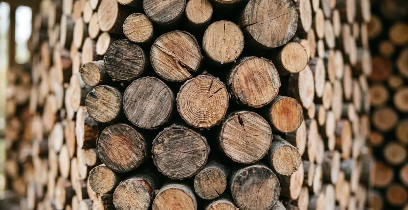 Bûcher extérieur organisé avec rangement méthodique des bûches de bois