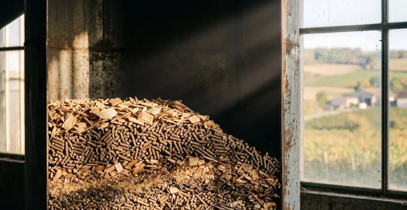 Vue en coupe d'un silo de stockage biomasse montrant les niveaux de remplissage optimaux