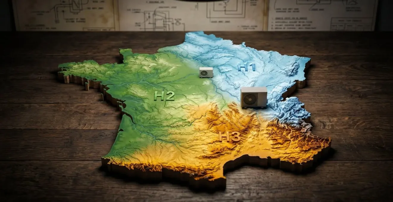 Carte de France montrant les trois zones climatiques H1, H2 et H3 avec leurs températures de référence