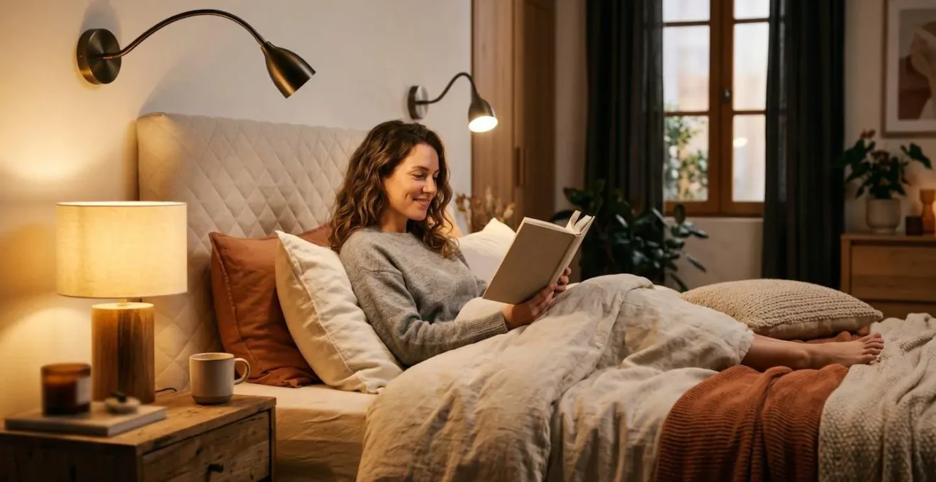 Chambre moderne avec un éclairage LED évolutif, montrant une ambiance chaude et douce pour le soir.