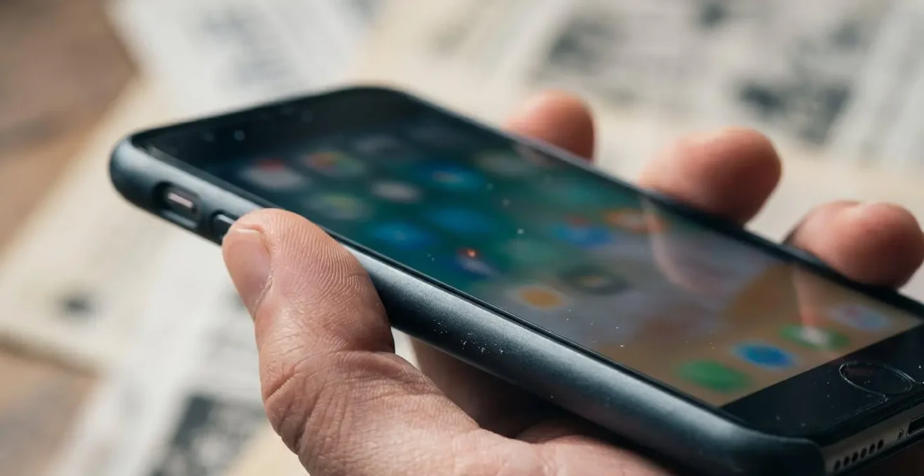 Main tenant un smartphone avec une application de souscription à une offre de gaz, des documents flous en arrière-plan symbolisant la simplicité des démarches.