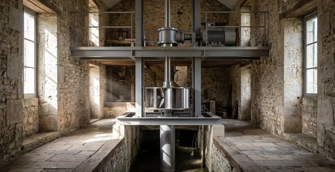 Vue en coupe d'une installation de turbine verticale dans un moulin rénové avec génératrice en hauteur
