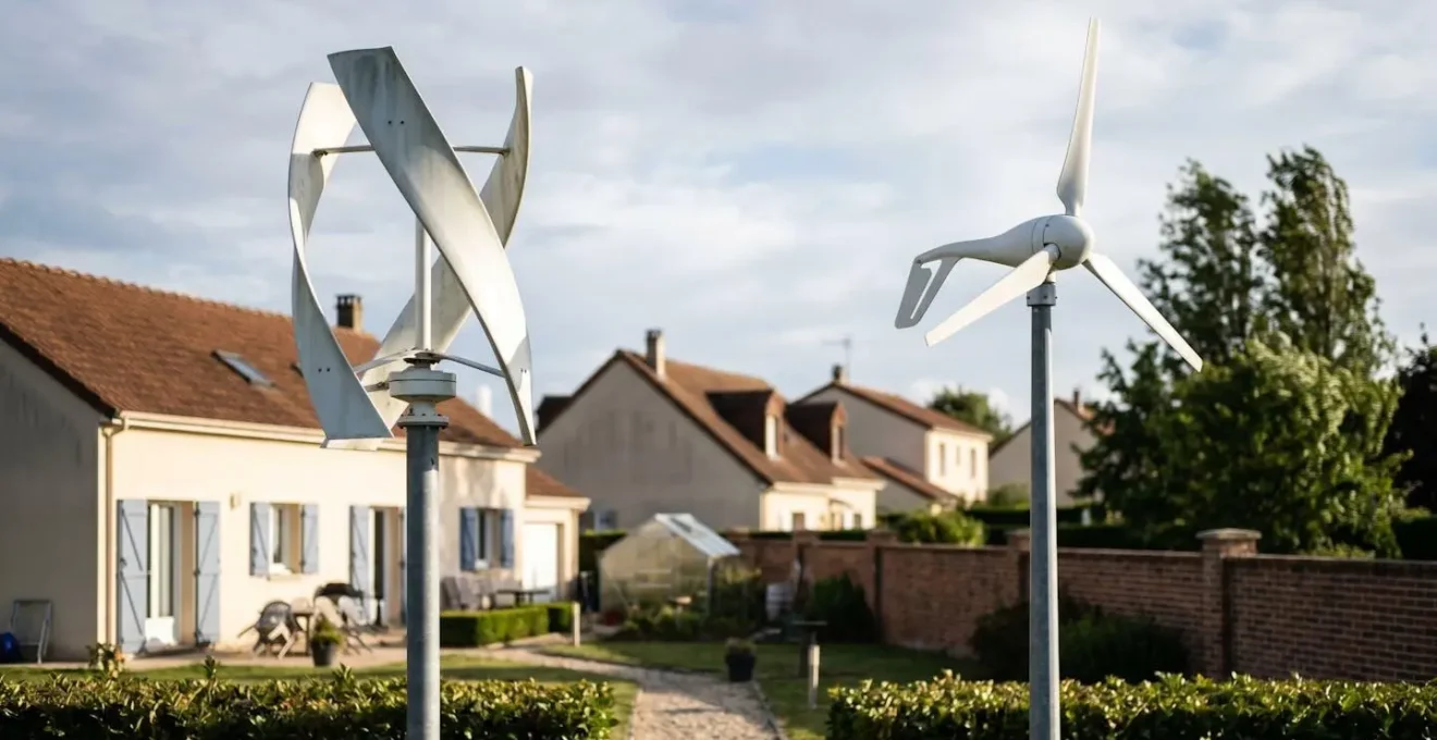 Deux types d'éoliennes domestiques côte à côte dans un environnement résidentiel français