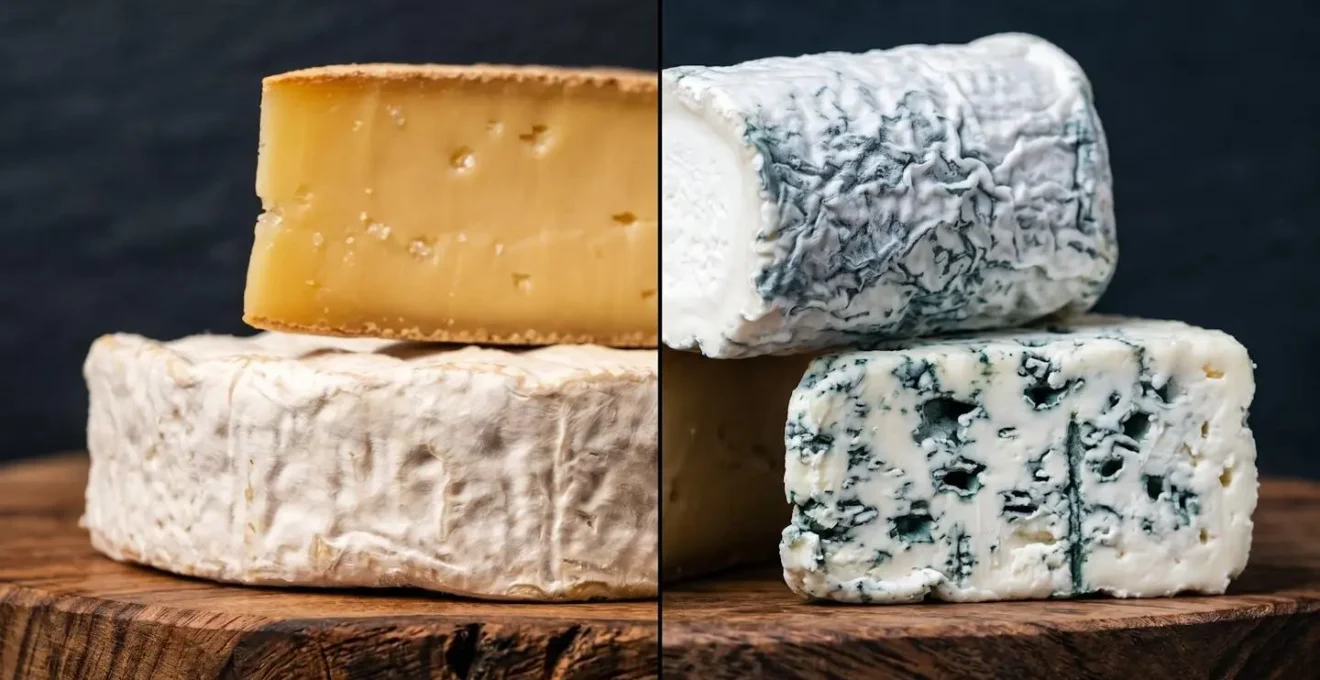 Comparaison visuelle d'un plateau de fromages sous une LED à faible IRC à gauche et une LED à haut IRC à droite, montrant des couleurs plus vives.