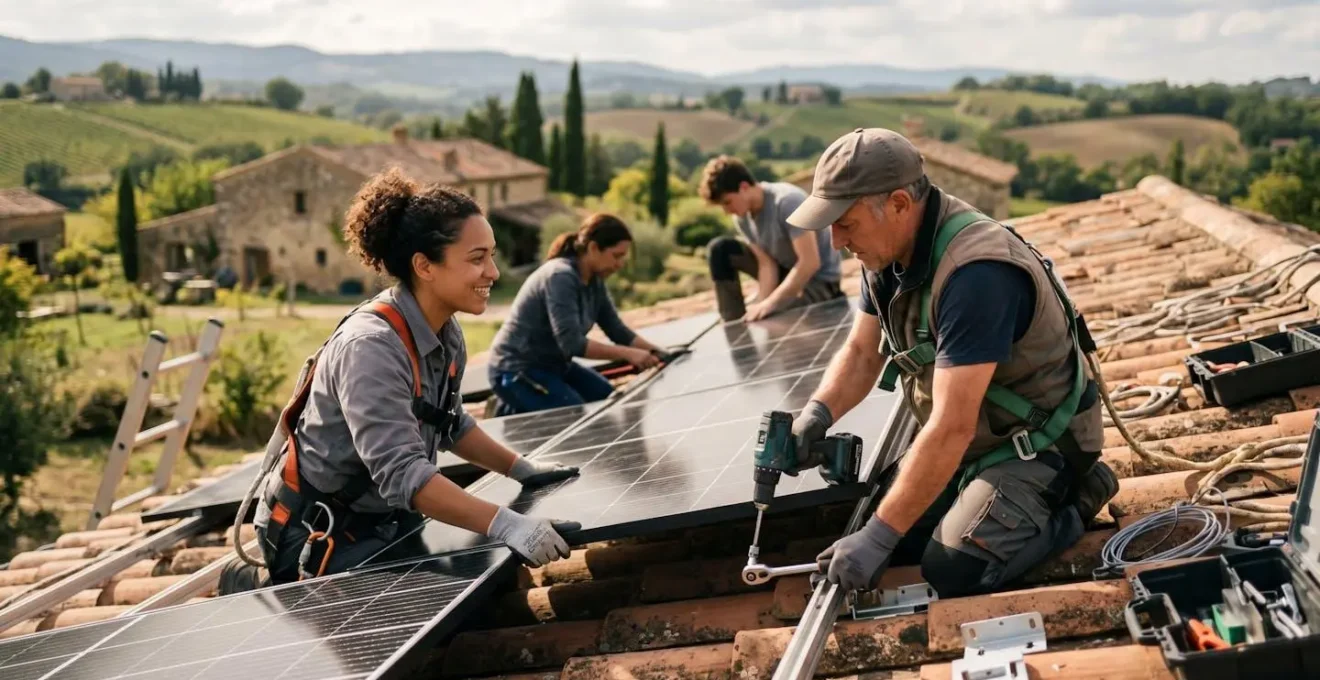 Citoyens installant ensemble des panneaux solaires sur un bâtiment communal