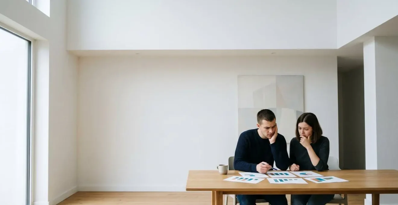 Couple analysant des devis de rénovation énergétique sur une table éclairée par la lumière naturelle