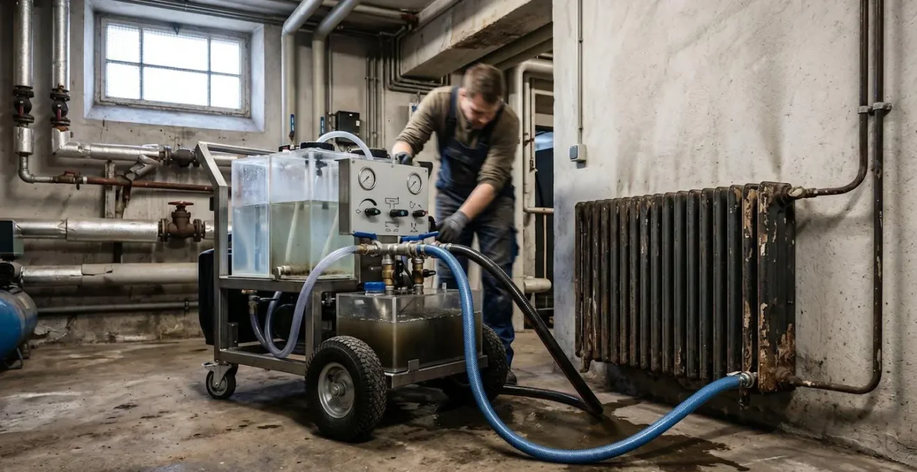 Machine de désembouage hydrodynamique connectée à un radiateur en fonte dans une cave technique