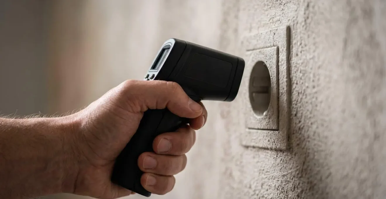 Gros plan d'une main tenant un thermomètre infrarouge pointé vers une prise électrique murale, avec gradient de température visible