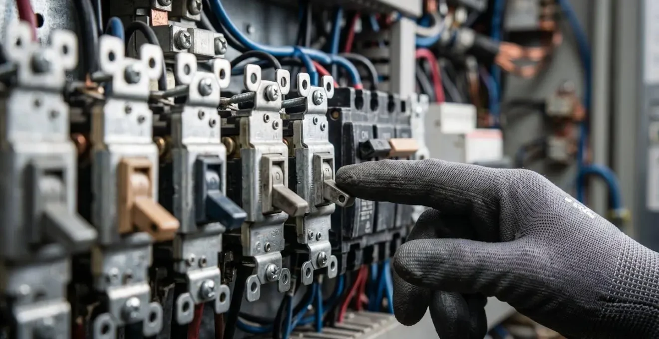 Gros plan sur tableau électrique moderne avec disjoncteurs et main technique effectuant diagnostic énergétique, ambiance professionnelle