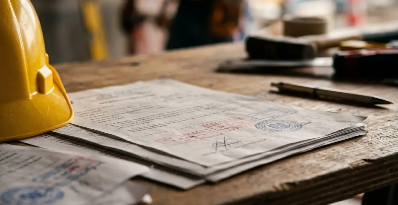 Documents de chantier et certificats sur une table de travail avec casque de sécurité