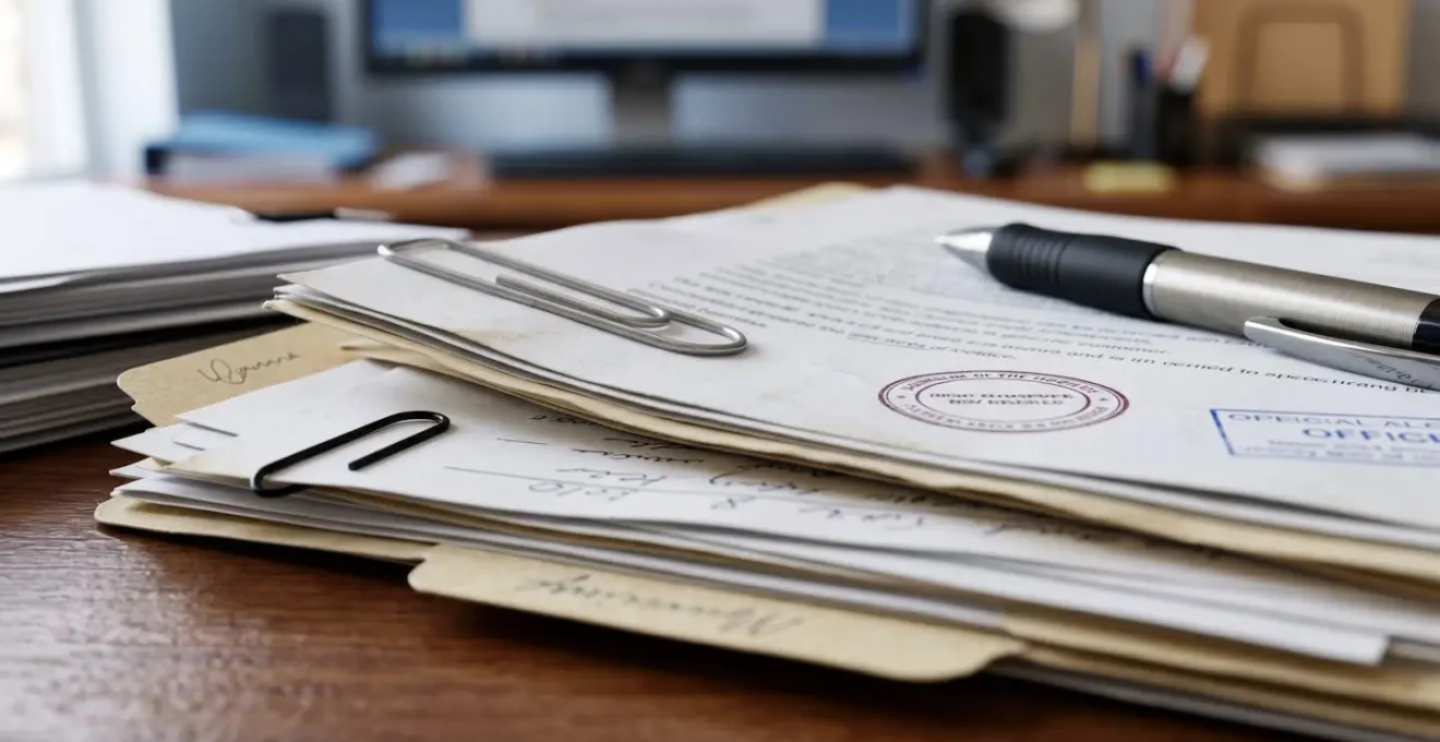 Gros plan sur des documents professionnels organisés avec un contrat de travail visible de loin